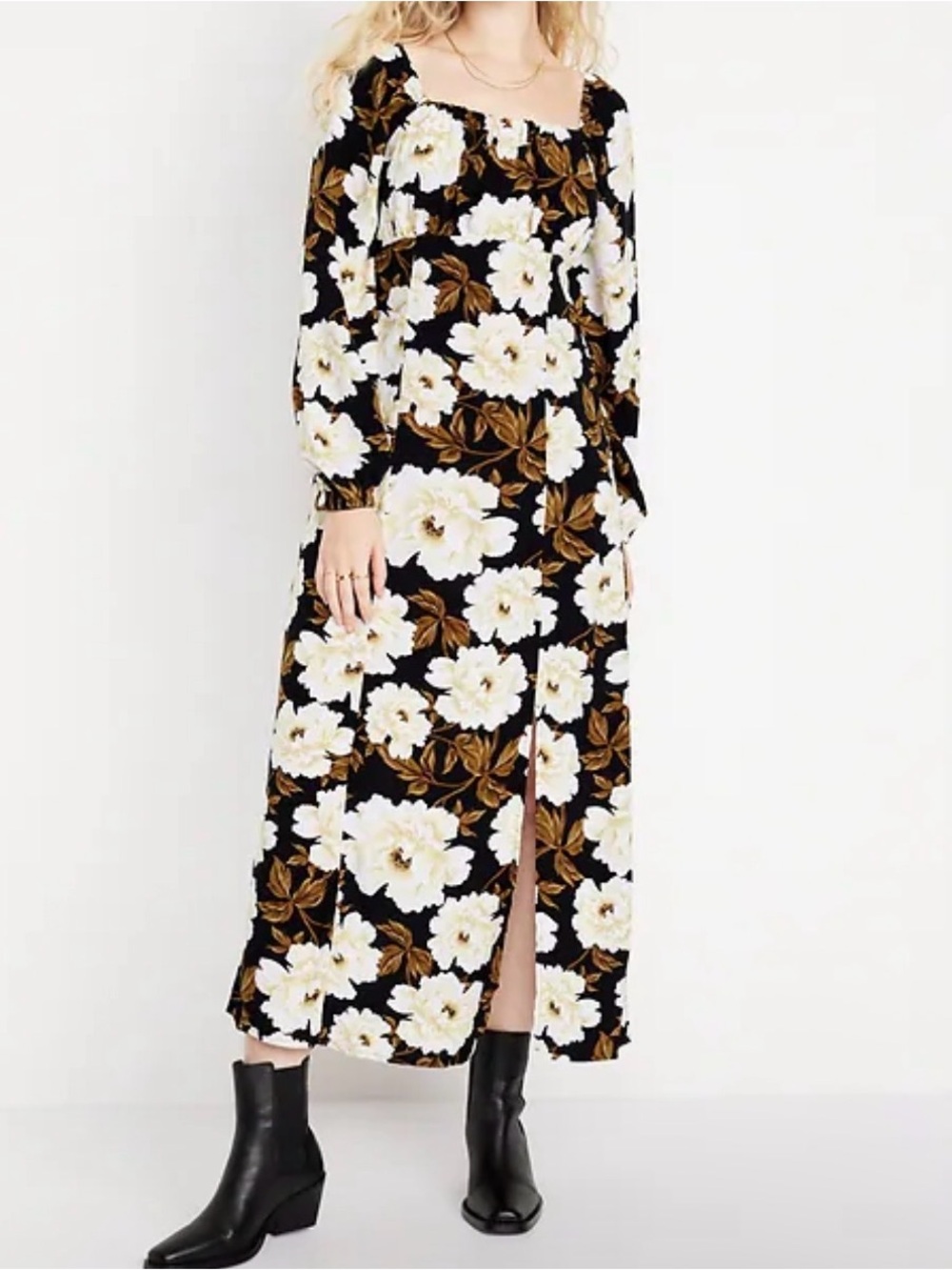 Old Navy Black and Cream Floral Long Sleeve Dress